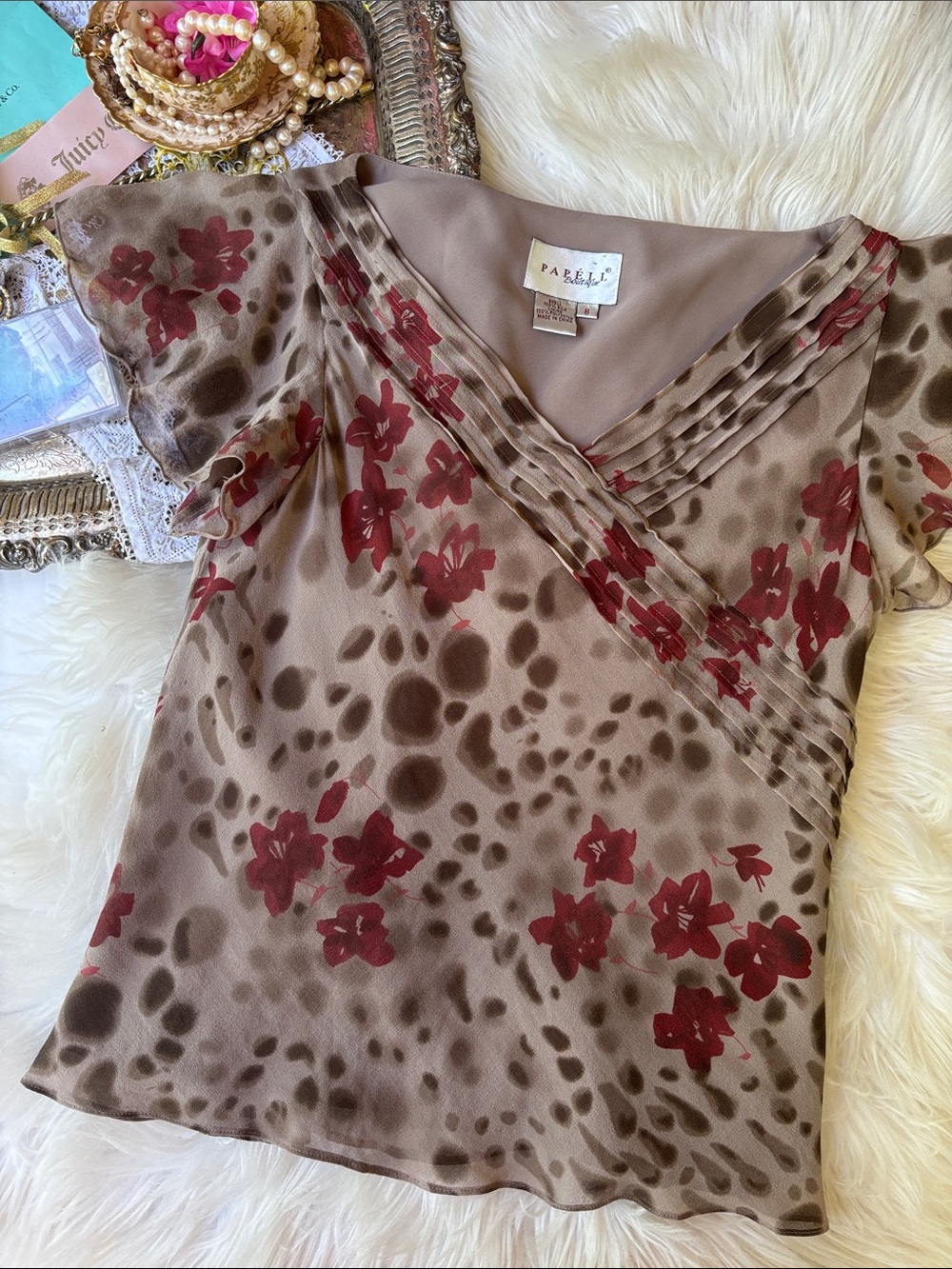 Vintage Silk Babydoll Floral Designer Animal Print Y2K Top Blouse 8 90’s Baddie